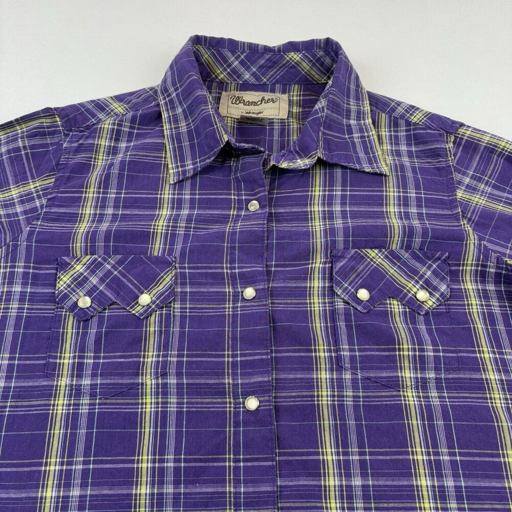 Pearl Snap Western Shirt Sawtooth Pockets Womens Large Purple Plaid Wrangler